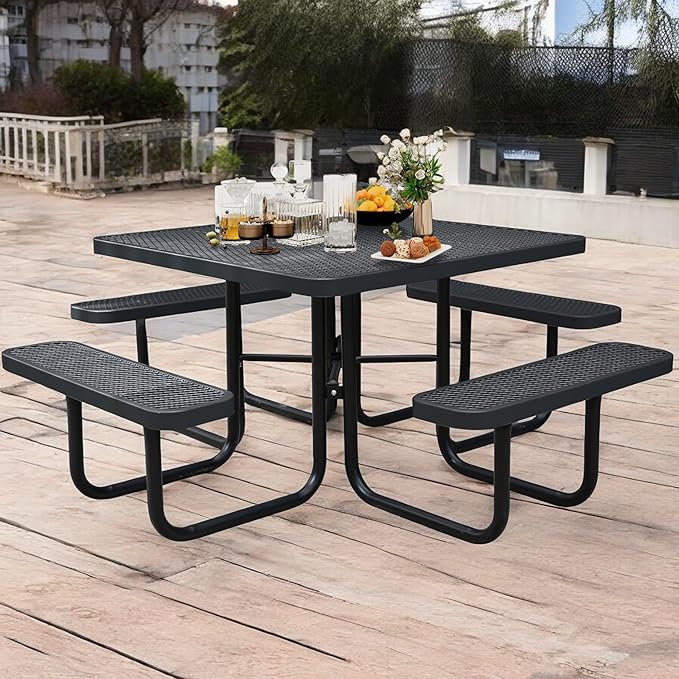 HIMcup 46" Square Picnic Table W/Benches,Heavy Duty Metal Picnic Table Set with 2in Umbrella Hole, 1600 lb Capacity,Commercial Dining Table Furniture for Yard Patio Lawn Party Coffee Shop