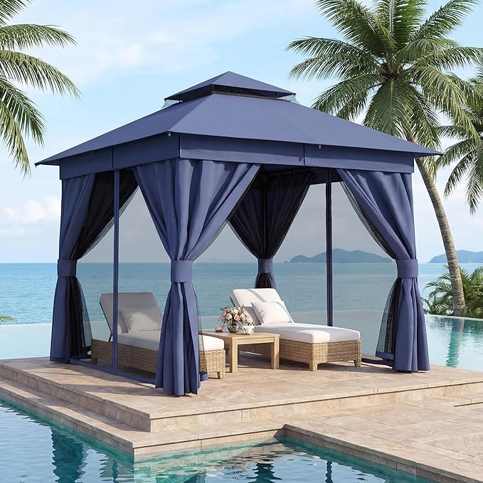 LAUSAINT HOME Outdoor Patio Gazebo 8'x8' with Expansion Bolts, Heavy Duty Party Tent & Shelter with Double Roofs, Mosquito Nettings and Privacy Screens for Backyard (Navy Blue)