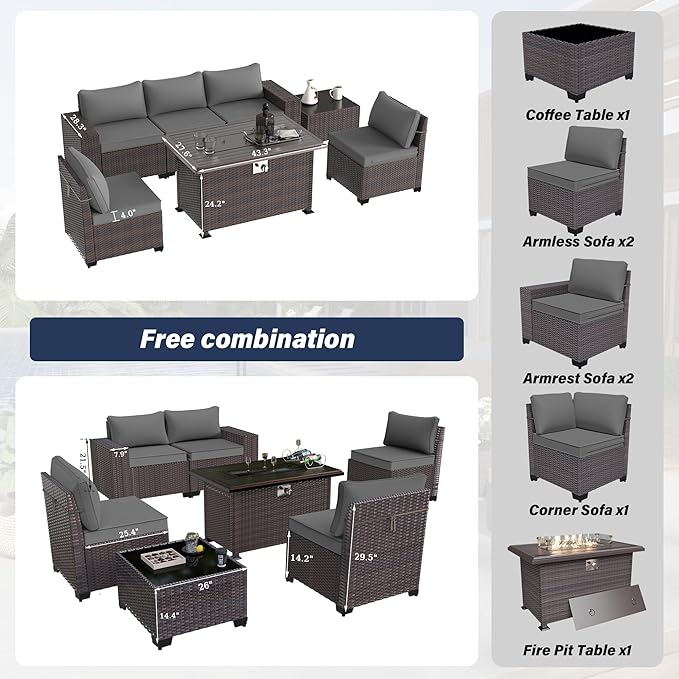 Kurapika 7 Pieces Patio Furniture Set, Rattan Outdoor Conversation Sets w/43in Propane Fire Pit Table and 4 Inch Cushion(Grey)