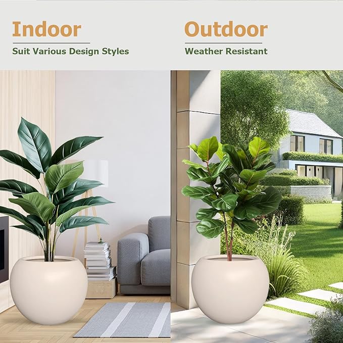16”H x 20”D Globo Fiberstone Round Planter - Christmas Tree Planter, Smooth Finishes, Weather Resistant for Indoor & Outdoor Use, Included 2 Extra Coco Mats (Kilim Beige, 13.5” Pot Opening)