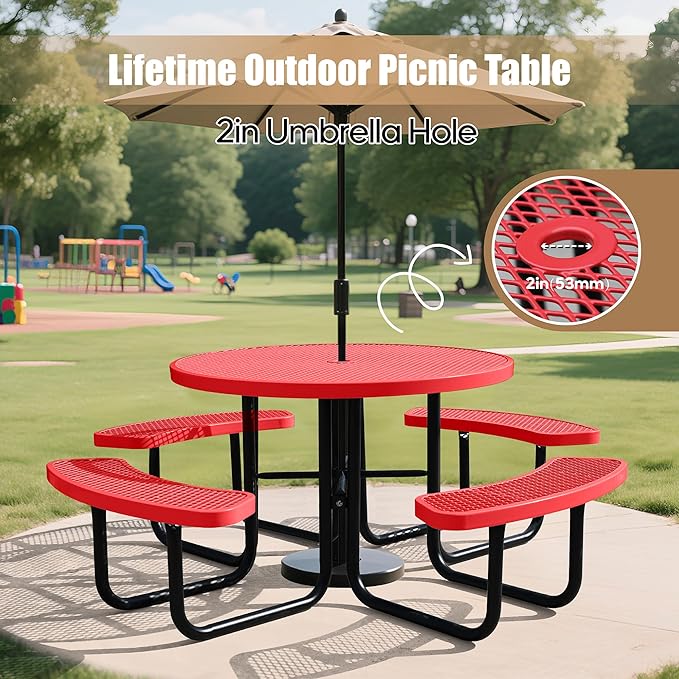 Sunnibety 8-Person Picnic Tables for Outdoors, Industrial 46" Expanded Metal Round Picnic Table with 4 Benches & Umbrella Hole, Outside Table and Bench Set for Park, Garden, Backyard, Patio, Red