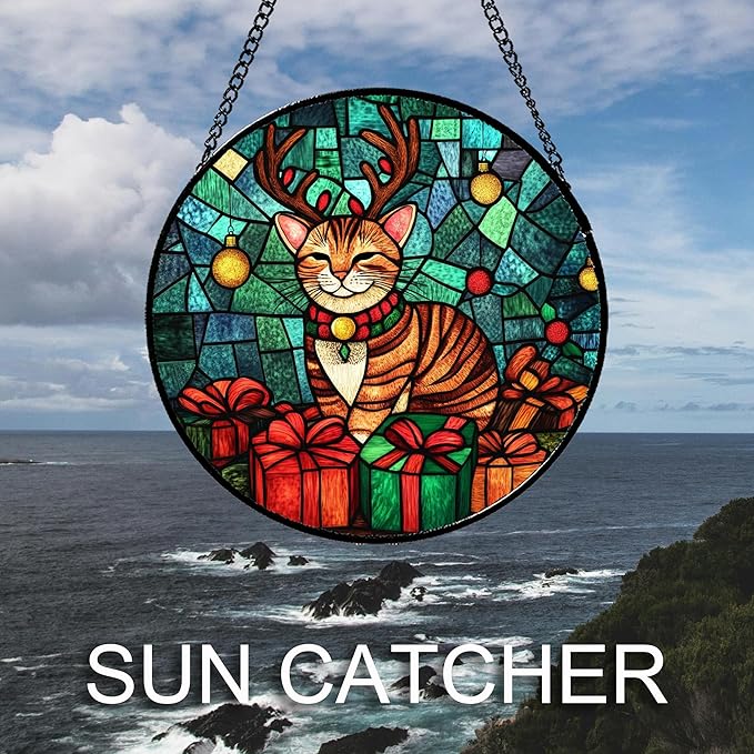 CRISGIF Stained Glass Window Hanging Cat with Elk Antlers 6.3" - Suncatcher Door Garden Sun Catcher Home Decor Birthday Christmas for Lost Pets Mom Men Woman Nana