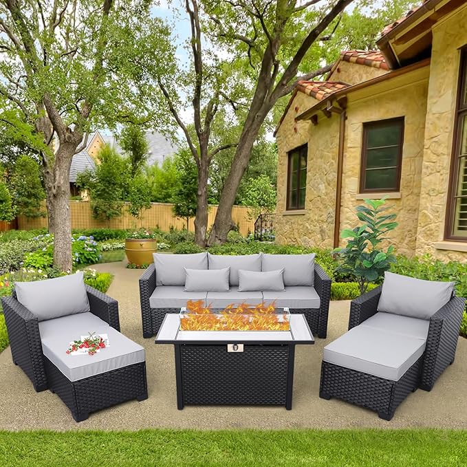 Patio Furniture Set 45 In Outdoor Fire Pits 6 Pieces Outdoor Patio Furniture 60000 BTU Outdoor Propane Fire Pit Table Patio Sofa Outdoor Chairs Anti-slip Cushions Waterproof Covers, Light Grey