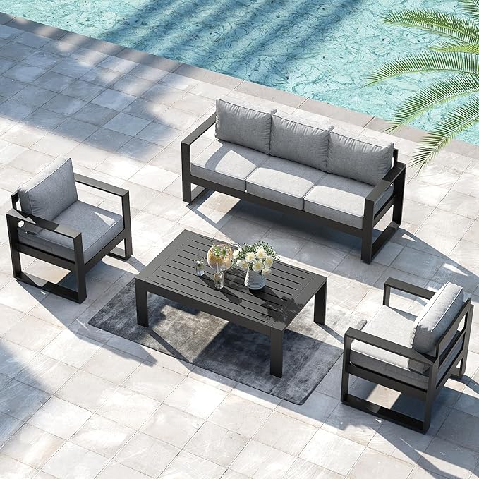 LayinSun 4 Pieces Aluminum Outdoor Patio Furniture Set, Metal Modern Conversation Sofa Set with Coffee Table and Washable Thick Cushions for Porch, Backyard, Deck
