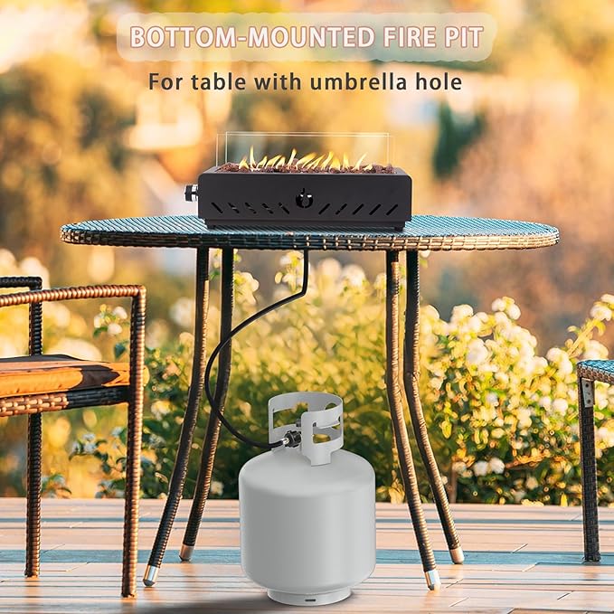 ONLYFIRE OUTDOOR LIVING 18" Tabletop Propane Gas Fire Pit Bottom-mounted for Table with Umbrella Hole, Portable Smokeless Firepit with Glass Wind Guard for Patio Backyard Camping RV Tailgating, #FP027