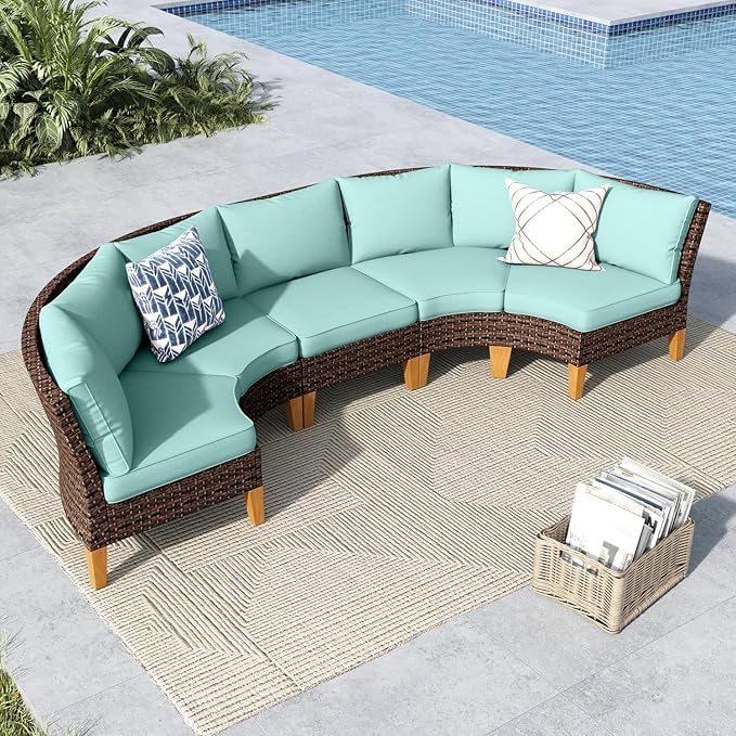 MFSTUDIO Wicker Patio Furniture Set, 5 Pieces Large All-Weather Rattan Outdoor Half-Moon Curved Sectional Sofa Set, Patio Conversation Set for Garden, 4 x Curved Sofa, 1 x Armless Couch(Aqua Blue)