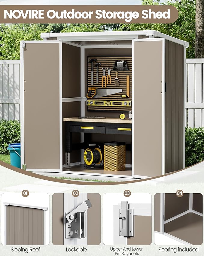 5x3 ft Outdoor Storage Shed with Floor, All-Weather Resin Tool Shed with 2 Shelves, Heavy-Duty Garden Shed for Yard, Bicycle, and Lawn Equipment, Easy Assembly, Warm Gray