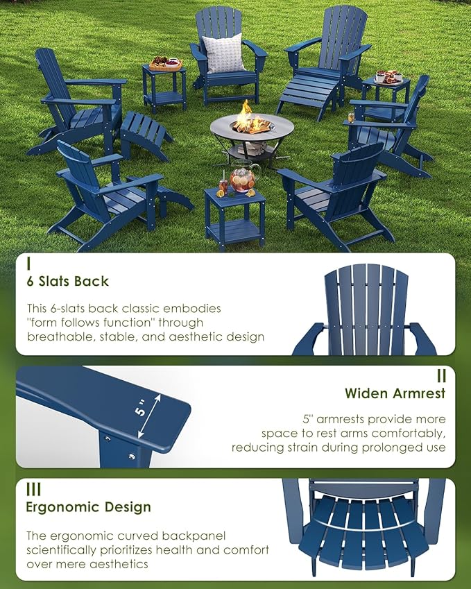 GREENVINES Adirondack Chairs Set of 4 | HDPE Plastic | Oversized Fire Pit Chair | All Weather | Blue | Poly Lumber | for Outdoor Deck Backyard Patio Garden