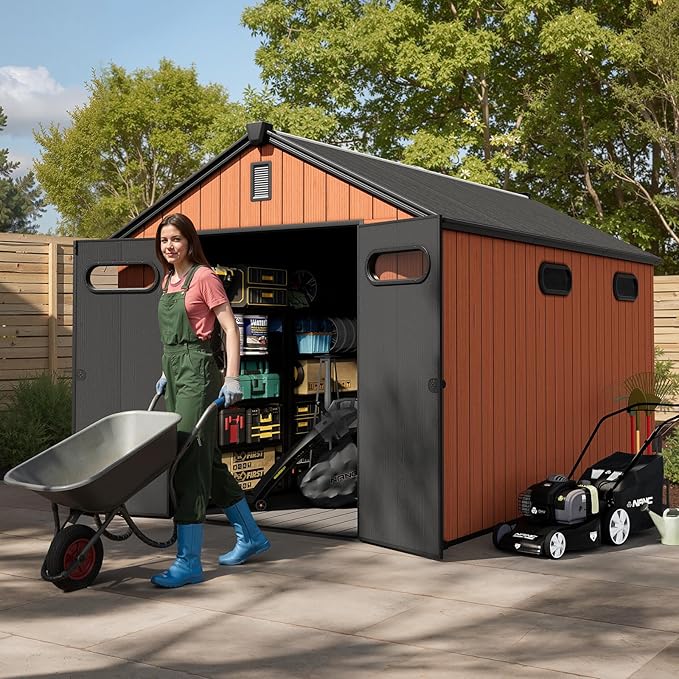 CRESTLIVE 8x12 FT Rust-Resistant Plastic Outdoor Storage Shed, Waterproof Resin Garden Shed with Floor, Doors, Skylight & Vent for Lawn Tools & Bikes