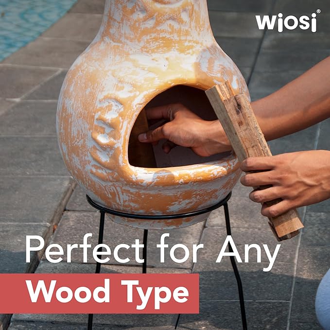 Wiosi Medium 𝗖𝗵𝗶𝗺𝗶𝗻𝗲𝗮 Outdoor Fireplace Clay Chimineas with Chimney Rain Lids and Solid Metal Stands - Yellow Terracotta Chimenea - Rustic Fire Pit Chimnea 16 x 16 x 32-inch