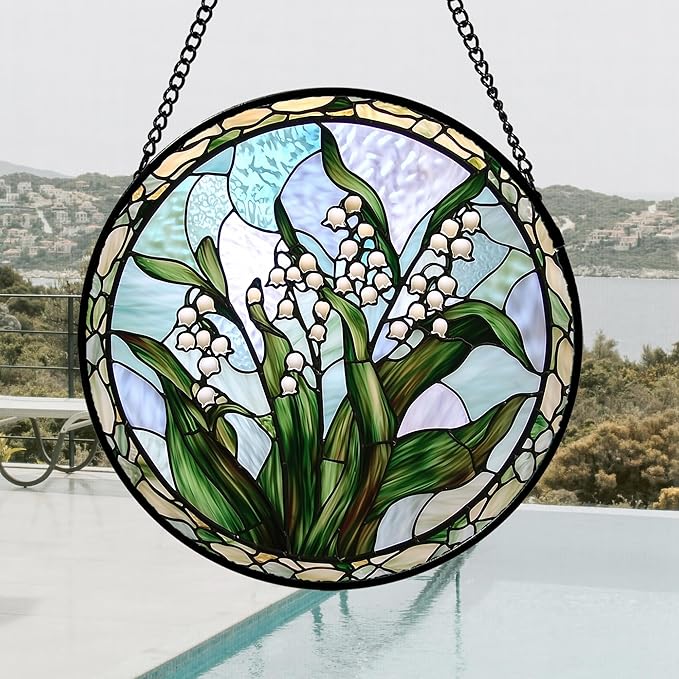 AMDERVEN Stained Glass Window Hanging, White Green Lily of The Walley Flowers Sun Catcher for Door Home Decor Plants Suncatcher Christmas Mother's Day Birthday Gifts for Women Men Mom Nana 7.8 in