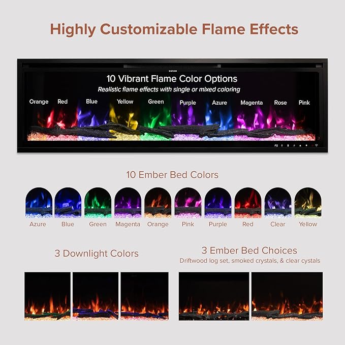 Modern Ember Highmark 50 Inch Smart Linear Electric Fireplace - Premium Flame with 10 Colors, Sleek Hidden Vent Design, Install Recessed in-Wall or Wall-Mount, WiFi Enabled