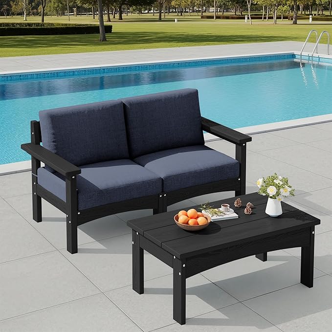 SERWALL 3 Pieces Patio Conversation Set, All-Weather HDPE Outdoor Sofas with Cushions and Coffee Table, Modular Sectional Furniture for Deck, Garden, Backyard, Black Frame with Grey Cushion