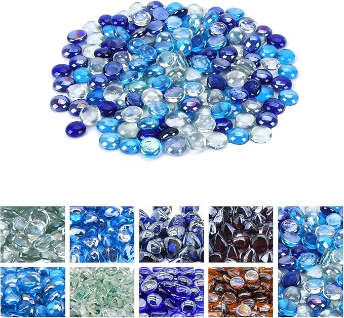 GasSaf Blended Fire Glass Beads for Outdoor Fire Pit, Fireplace, Replaces Existing Gas Logs & Lava Rocks, 3/4 Inch Glass(20 Pound)(Cobalt Blue, Caribbean Blue, Crystal Clear Luster)