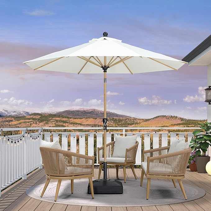 PURPLE LEAF 10 Feet Patio Umbrella with Base Outdoor Umbrella Round Market Umbrella for Table with Push Button Tilt & Crank and 8 Ribs Aluminum Pool Umbrella for Beach Patio, Cream