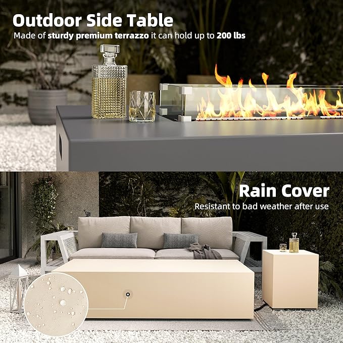 UPHA 56-inch Outdoor Propane Gas Fire Pit Table 50000 BTU Concrete Rectangle FirePit for Outside Patio with Propane Tank Cover, Wind Guad, Lava Rocks, Rain Cover, Grey