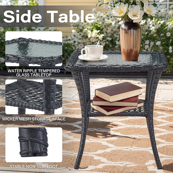 Belord 7-Piece Modern Black Wicker Patio Conversation Set - 4 Swivel Glider Chairs & 50,000 BTU Propane Fire Table