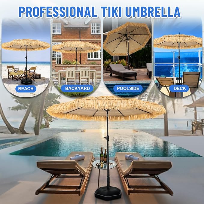 8FT Tiki Umbrella, Beach Umbrella UV-Stability, Outdoor Patio Umbrella Hawaiian Style 8 large Ribs, Thatched umbrellas with Push Button Tilt and Crank Lift for Tiki Bar, Pool, Beach, Natural