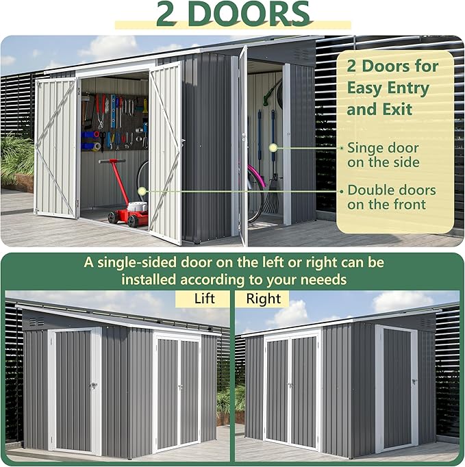8x6 FT Metal Outdoor Storage Shed with Adjustable Side Door & Lockable Double Doors, Aluminum Frame, Waterproof Tool Shed with Floor Frame, Durable Garden Storage for Backyard & Patio