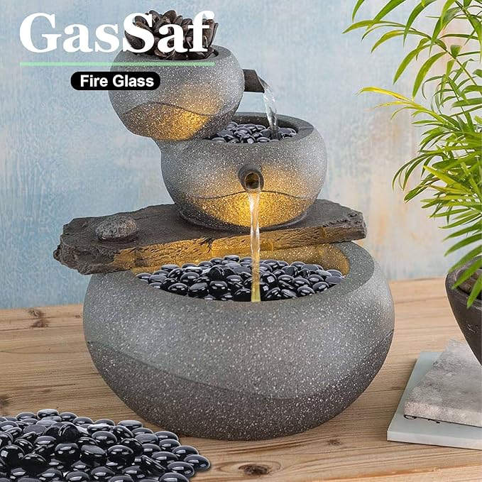 GasSaf Blue Fire Glass Beads for Outdoor Fire Pit, Fireplace, Replaces Existing Gas Logs & Lava Rocks, 3/4 Inch Glass(20 Pound)(Onyx Black)