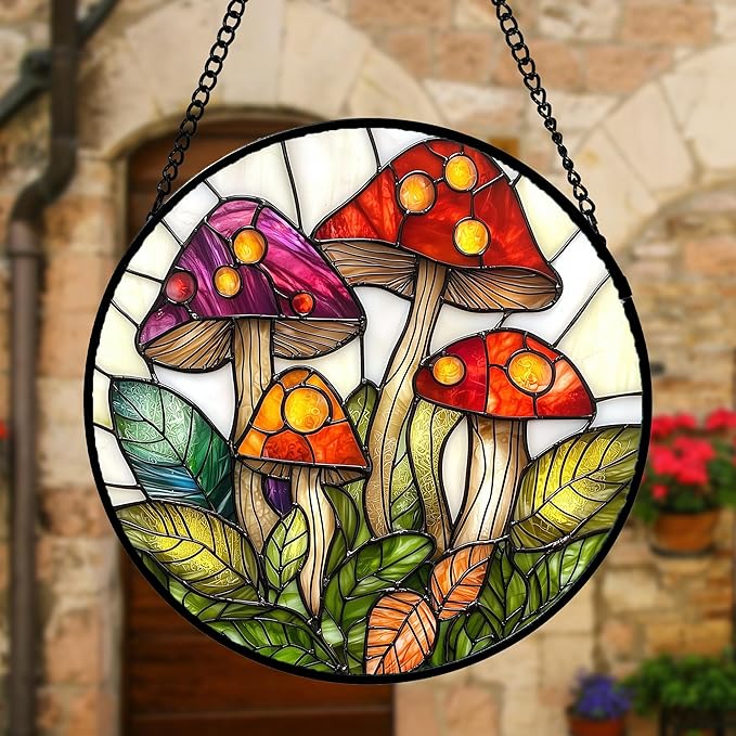 DASTOLL Stained Glass Window Hanging, Mushroom Leaves Suncatcher for Doors Home Sun Catchers Decoration and Christmas, Mother's Day Birthday Gifts for Women, Men, and Mom 7.8 in