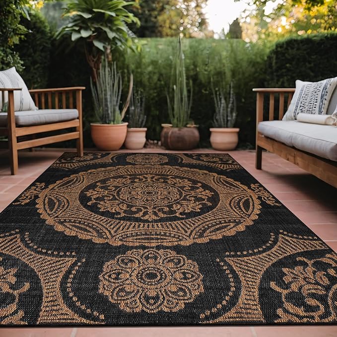Medallion Outdoor Rug 9x12 Washable Outside Carpet for Indoor Patio Porch Waterproof Easy Cleaning Non Shedding Area Rugs Nut Brown 9 x 12