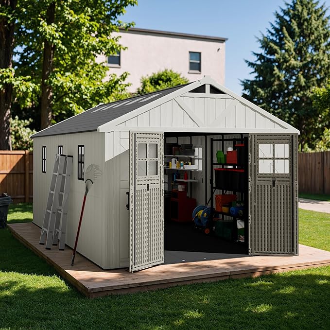 Devoko 10 x 16 FT Resin Outdoor Storage Shed, Extra Large Plastic Shed with Skylight, Floor and Lockable Door, Storage Bike, Tools, Lawn Mower for Garden, Backyard, Patio, Beige