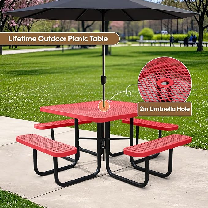 HIMcup 46" Square Picnic Table for Outside,Heavy Duty Metal Picnic Table Bench Set with 2in Umbrella Hole, 1600 lb Capacity,Commercial Dining Table Furniture for Garden Yard Patio Party Coffee Shop