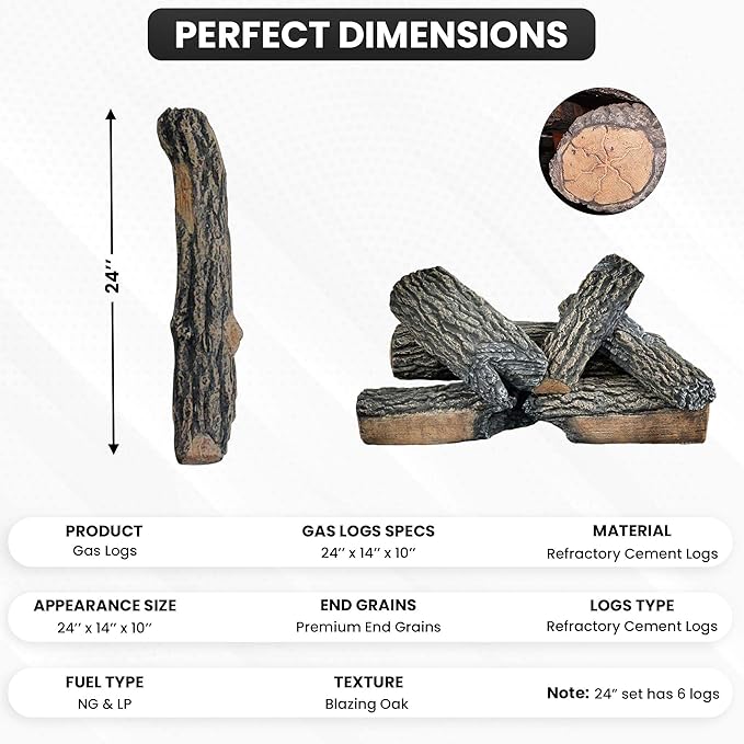 24" Premium Gas Logs - for Vented Fireplaces, Natural Gas or Liquid Propane - Blazing Oak Design (Logs Only)