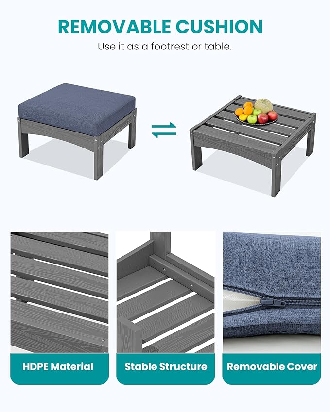 SERWALL 5-Piece Patio Sofas, All-Weather HDPE Outdoor Sectional Sofa with Cushions and Coffee Table, Large Modular Patio Conversation Set for Garden, Lawn, Deck, Porch, Grey Frame with Grey Cushion