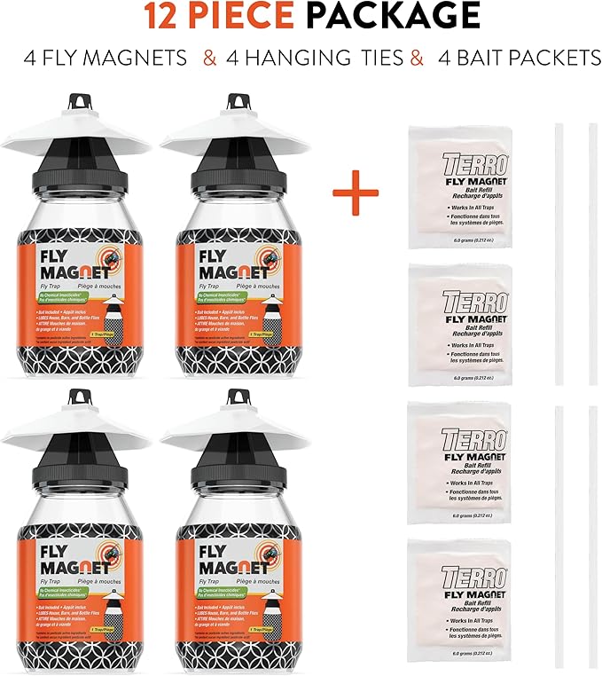 Outdoor Fly Trap [4 Pack] Fly Traps Outdoor with Dissolvable Non-Toxic Bait - Fly Repellent for Outdoor Use Only - Controls Flies for Patios, Barns, Ranches Etc. Hanging Fly Traps with Tie Included