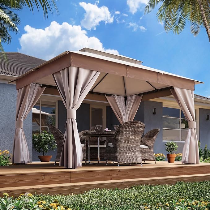 LAUSAINT HOME Outdoor Patio Gazebo 10'x13' with Expansion Bolts, Heavy Duty Party Tent & Shelter with Double Roofs, Mosquito Nettings and Privacy Screens for Backyard (Champagne Khaki)