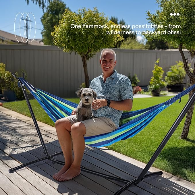 NEWBULIG Double Hammock with Stand, Heavy Duty Portable Hammocks for Outdoor Indoor Patio Camping, Space Saving Design & Carry Bag, Easy Assembly, 450lb Weight Capacity, Blue & Green