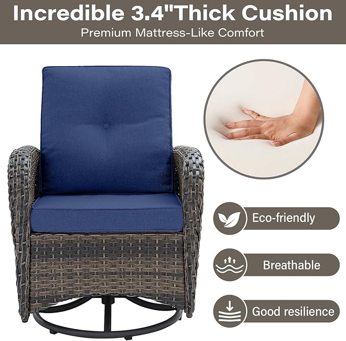 Patio Furniture Swivel Glider PE Wicker Chairs, Outdoor Swivel Rocker Seating with Cushions for Porch Deck Balcony, Brown Wicker Blue Cushion