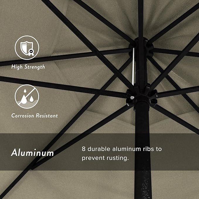 California Umbrella 9' Rd Aluminum Patio Umbrella, Crank Lift, Auto Tilt, Black Finish, Sunbrella Canvas