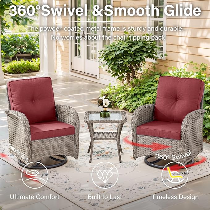 Belord 7-Piece Modern Gray Wicker Patio Conversation Set - 4 Swivel Glider Chairs & 50,000 BTU Propane Fire Table