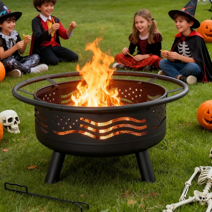 Breezz 38 Inch American Flag Fire Pit with Mesh Cover & Poker, Round Metal Wood Burning Outdoor Firepit for Patio, Garden, Backyard, Bonfire, Ideal for 4th of July, Memorial Day, Christmas