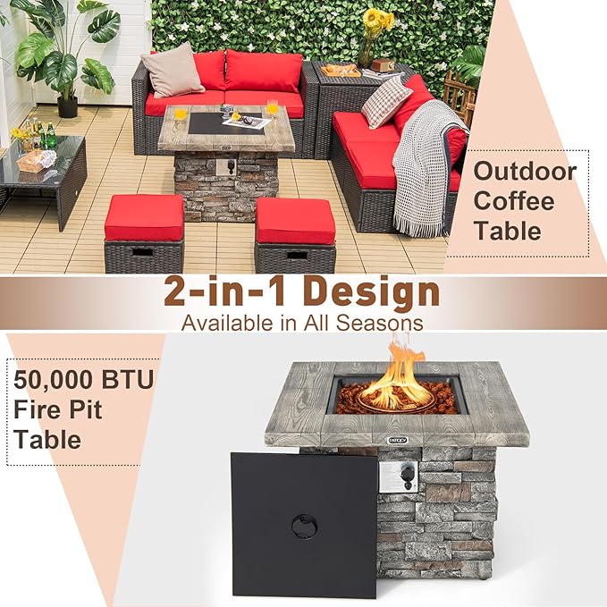 Tangkula 34.5 Inch Faux Stone Propane Fire Pit Table, Patiojoy Square Gas Fire Pit with Metal Lid, Lava Rocks, Stainless Steel Burner & PVC Cover, 50,000BTU Outdoor Fire Table