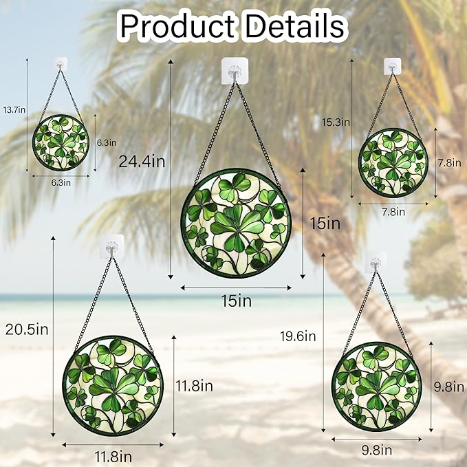 CRISGIF Stained Glass Window Hanging - Ireland Green Lucky Clover Suncatcher for Doors Garden St. Patrick's Day Sun Catchers Decor Mother's Day Birthday for Women Men Mom Nana 7.8 in