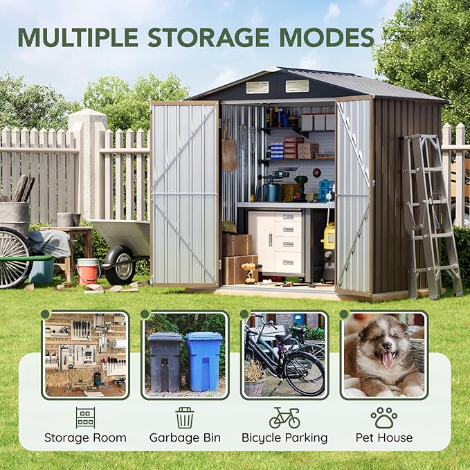 6x4 FT Outdoor Metal Storage Shed, Double Doors,with Frame Floor,Tool Shed for Garden, Patio, Backyard Brown