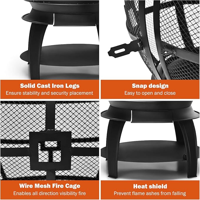 Giantex Wood Burning Chiminea, Heavy Duty Fireplace Chiminea Wooden Fire Pit with 2-Piece Log Grate, Premium Rain Cap & Fire Poker, 360°Fire Retardant Mesh Cover, Ideal for Garden, Patio, Backyard