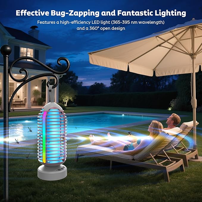 Bug Zapper Outdoor, Mosquito Zapper Indoor Electric Fly Zapper Rechargeable Mosquito Killer with Color Changing LED Lights, Auto On/Off, 4000mAh Fly Trap for Home Backyard, Patio, Camping