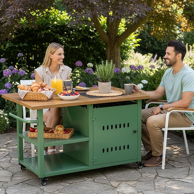 Gas Fire Pits for Outside Patio, Rectangular Fire Pit Tables, Firepit Table Propane, 44" Outdoor Propane Fire Pit with Universal Wheels, 2 in 1 Rectangle Gas Fire Pit Table, Green