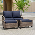 EAGLE PEAK Modern Wicker Outdoor Patio Furniture Set, Patio Conversation Set, a 2-Seat Loveseat and 2 Ottomans, 3 Pieces, Brown/Blue