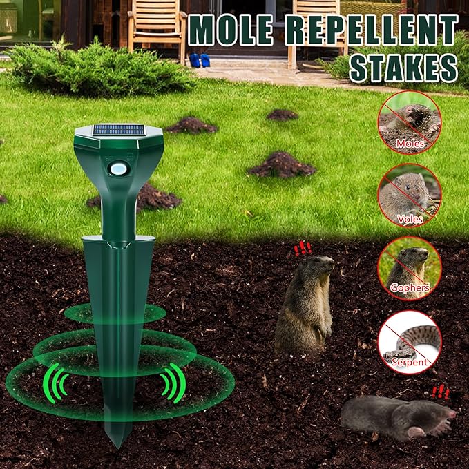 2 Pack-Solar Mole Repeller - Sonic Mole Repeller - Snake Repellent for Yard and Lawn Garden - Mole Repeller - Waterproof Ultrasonic Pest Control Outdoor Keep Mole Away from Yard Lawn (2)