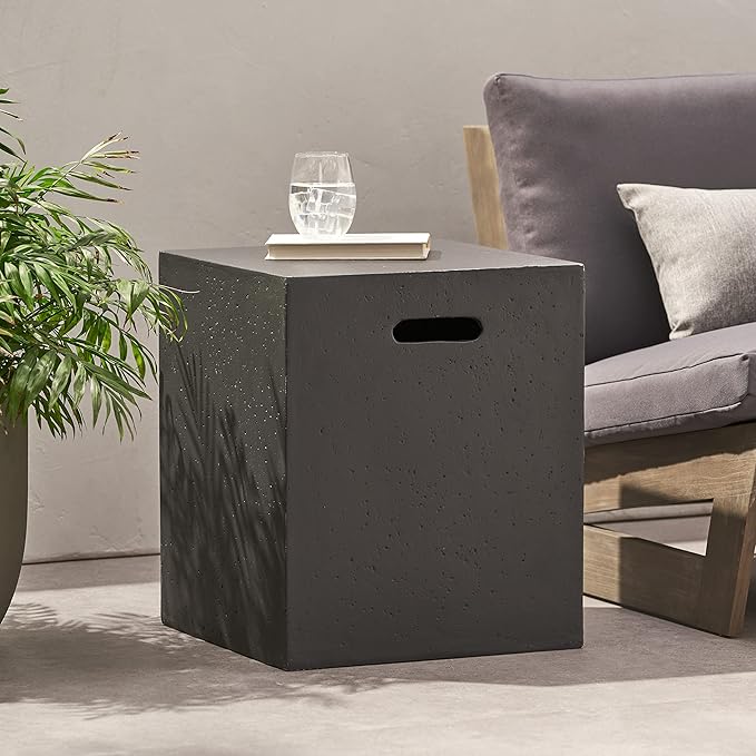 Propane Tank Cover Table for Fire Pits, 20 LB Concrete Propane Tank Holder with Side Handles, Outdoor Tank Storage Side Table for Patio, Gas Griddle, Dark Gray