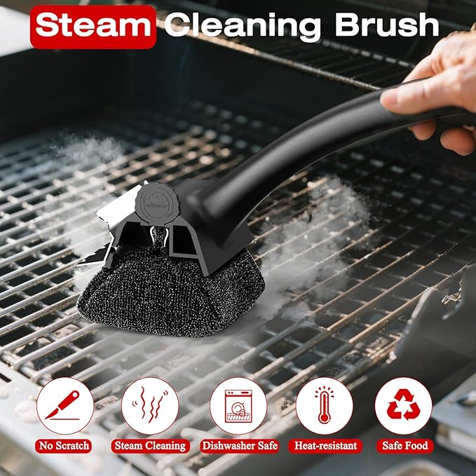 Purgreat Grill Brush for Outdoor BBQ - Replaceable Bristle Free Heading and Reinforced Scraper - Safe BBQ Brushes for Porcelain/Gas/Charcoal/Smoker/Cast Iron Grill - Cleaning Brush(Black)