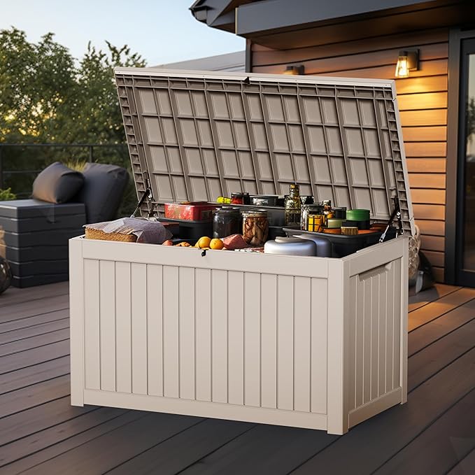 Vixzen 280 Gallon Resin Deck Box, Lockable Outdoor Storage Box for Patio Cushions Storage Furniture,Garden Tools, Pool Supplies, Weatherproof and UV Resistant- Grey