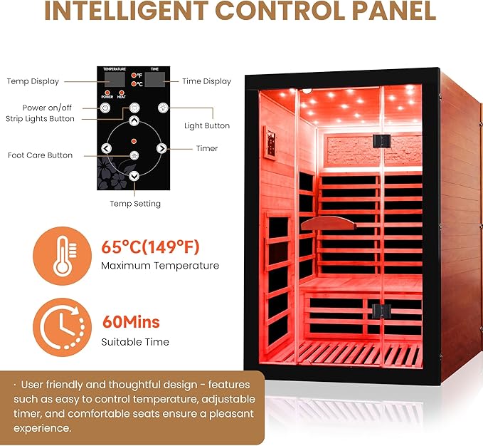 2 Person Far Infrared Home Sauna Low EMF 2000W 110V Wooden Indoor Dry Sauna with Red Light Therapy Bluetooth Speakers 47.24"x41.34"x74.8"