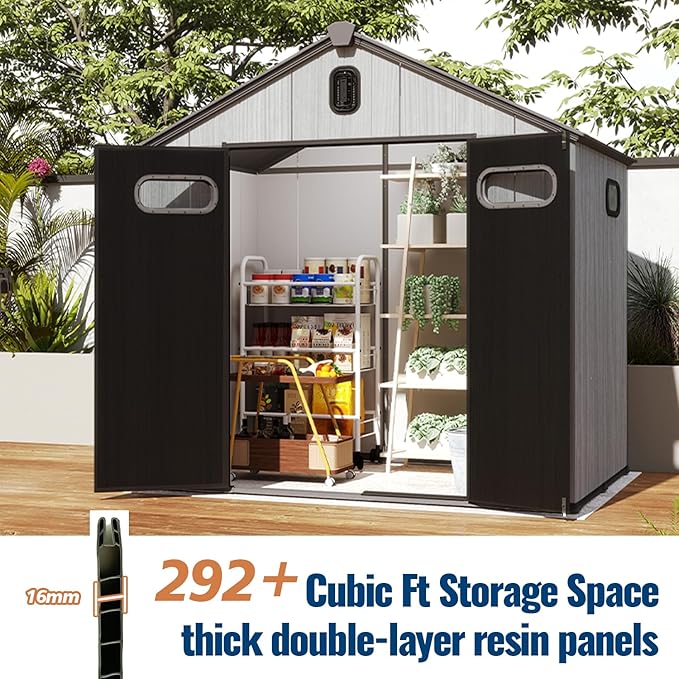 Domi 8x6Ft Resin Outdoor Storage Shed, Plastic Garden Shed with Carpet, Outside Weatherproof Storage Building for Tools, Bike, Lawn Mower, Patio, Backyard